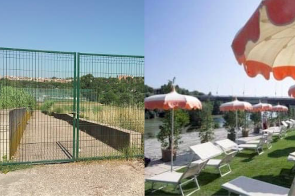 Un confronto prima e dopo della spiaggia Tiberis, sembra abbandonata.