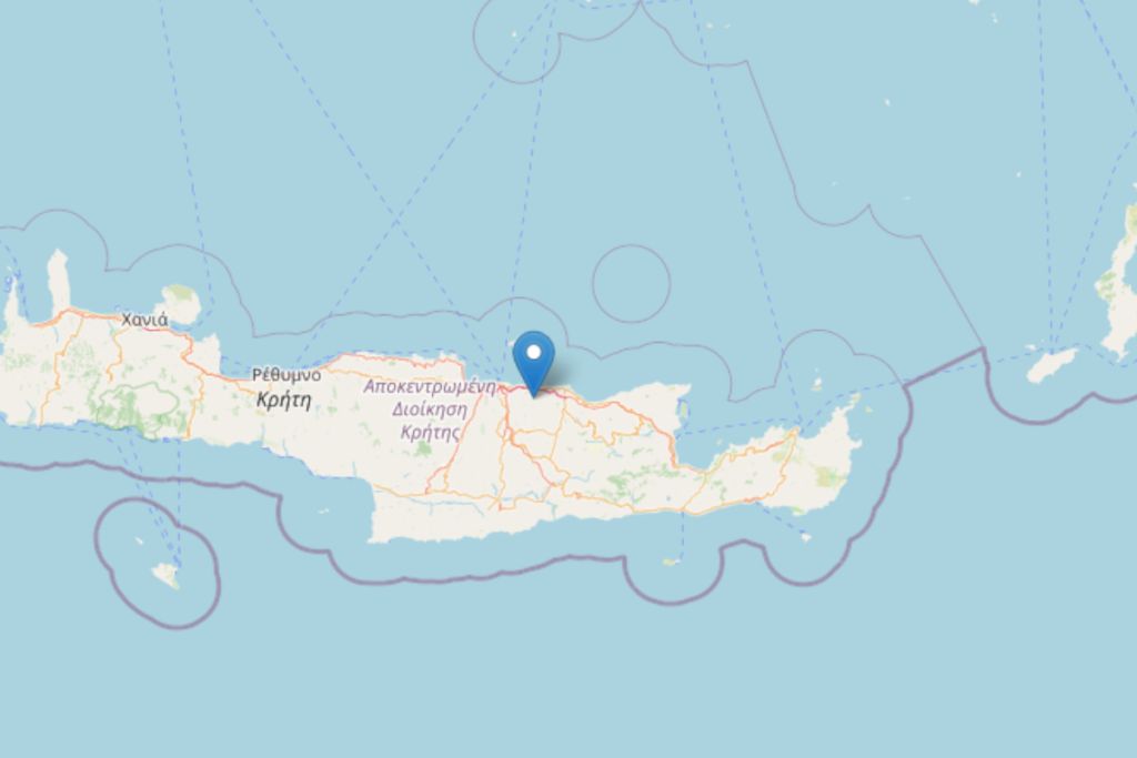 La mappa che segnala il terremoto verificatosi sull’isola di Creta, in Grecia