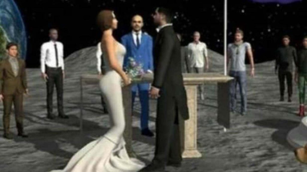 Una coppia che si sposa sulla Luna nel Metaverso