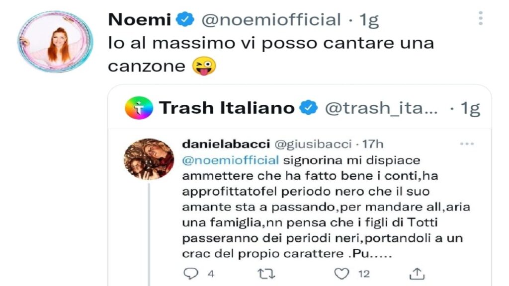 Il post Twitter di Noemi