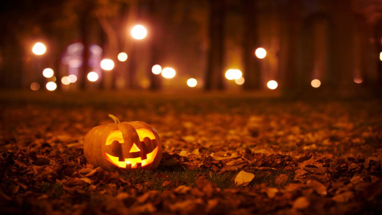 Zucca di Halloween intagliata sulle foglie e luci sfocate sullo sfondo