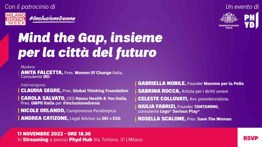 Locandina evento Mind The Gap alla Milano Digital Week, insieme per la città del futuro promosso da Women of Change