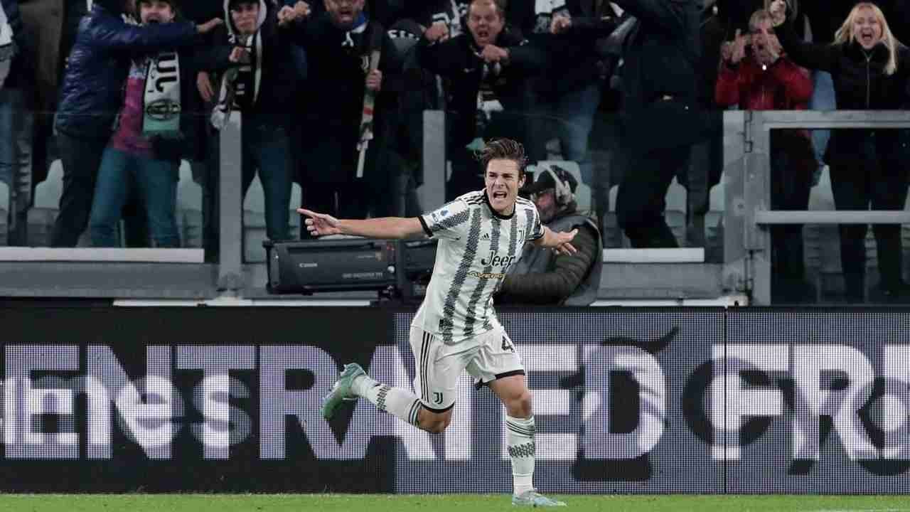 L'esultanza di Nicolo Fagioli: in Serie A la Juventus vince il derby d'Italia