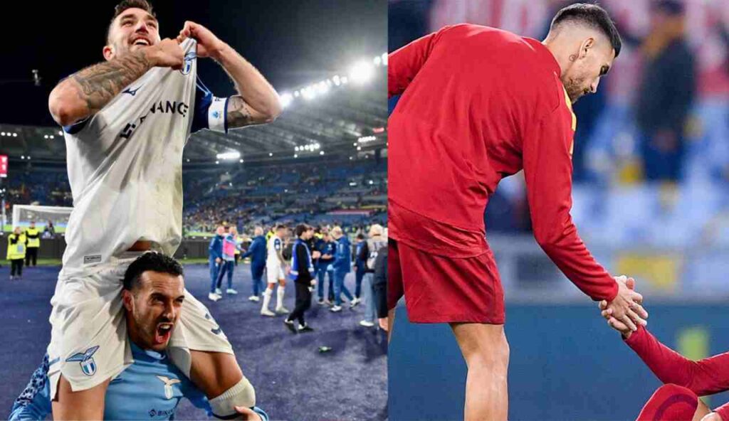 Cataldi e Pedro festeggiano dopo la vittoria nel derby, Pellegrini consola un compagno di squadra stringendogli la mano mentre è seduto in terra