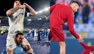 Cataldi e Pedro festeggiano dopo la vittoria nel derby, Pellegrini consola un compagno di squadra stringendogli la mano mentre è seduto in terra