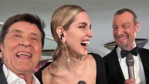 Gianni Morandi, Chiara Ferragni e Amadeus al Festival di Sanremo 2023