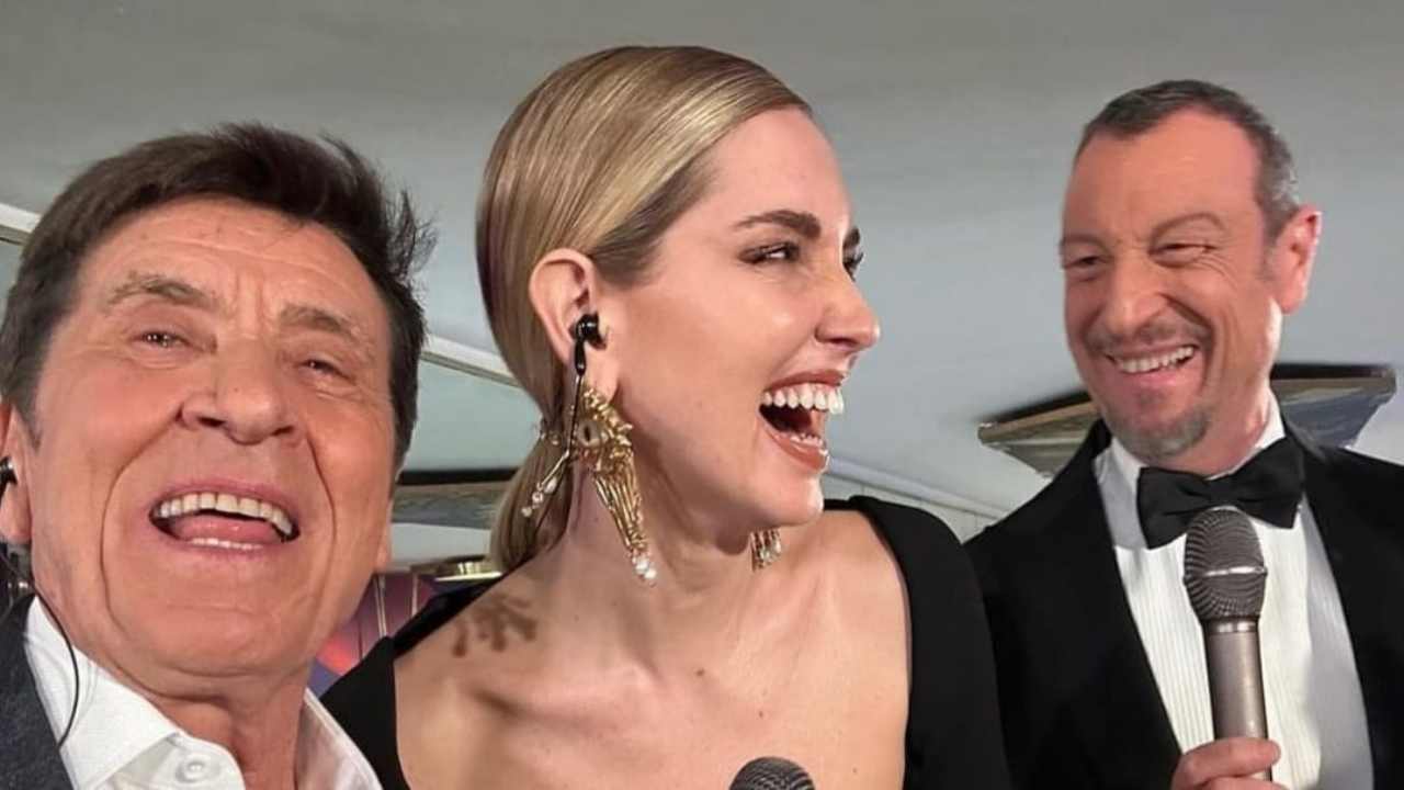 Gianni Morandi, Chiara Ferragni e Amadeus al Festival di Sanremo 2023