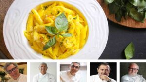 Un piatto di pasta e gli chef Riccioli, Corelli, Bloisi, Vissani e Colonna