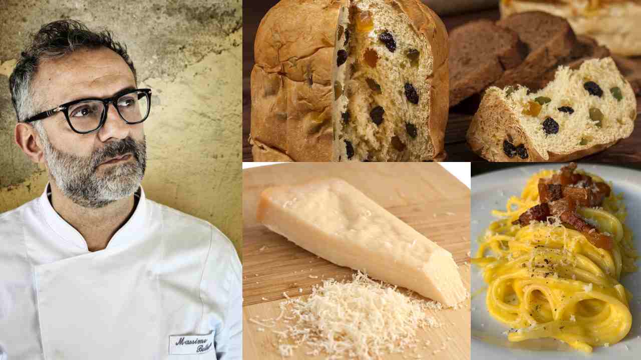 Chef Massimo Bottura e alcuni prodotti e piatti della cucina italiana