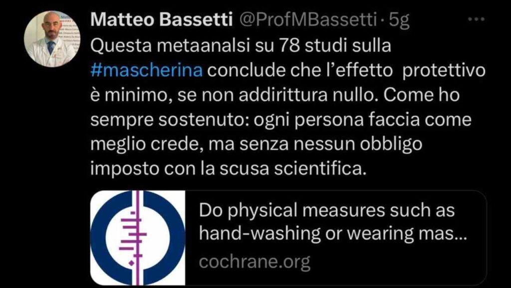 Post di Matteo Bassetti sulle mascherine