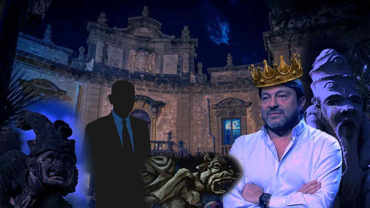 Villa Palagonia, la villa dei mostri con sullo sfondo un uomo in ombra e Sigfrido Ranucci