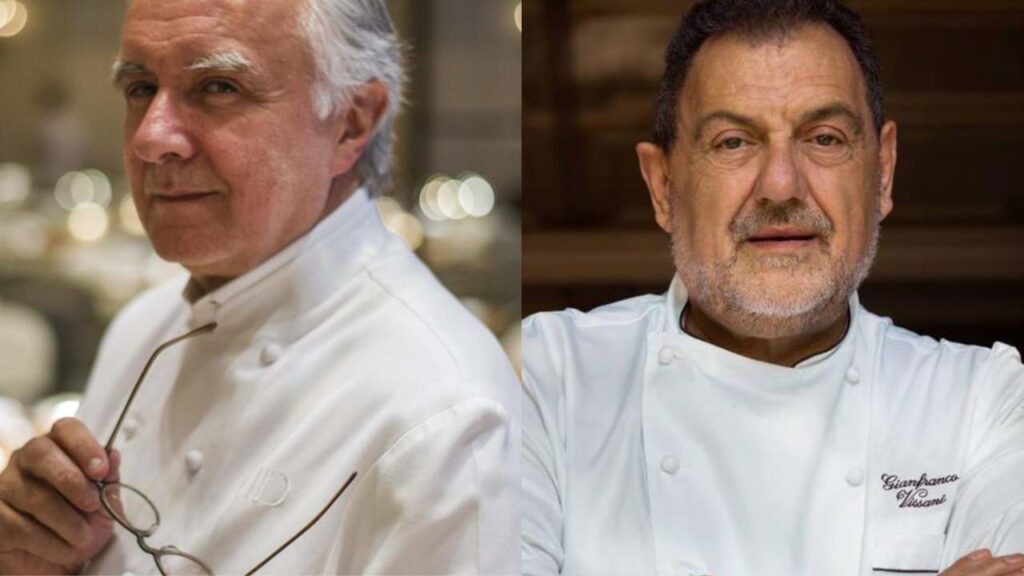 Un collage con le foto di Alain Ducasse e Gianfranco Vissani