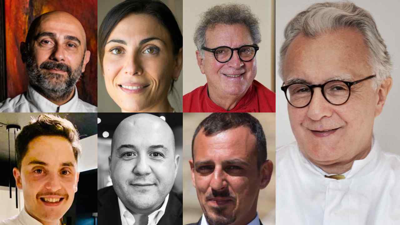 Un collage con foto degli chef Genovese, Macchia, Riccioli, Lippi, Pipero e Fonzi con Alain Ducasse