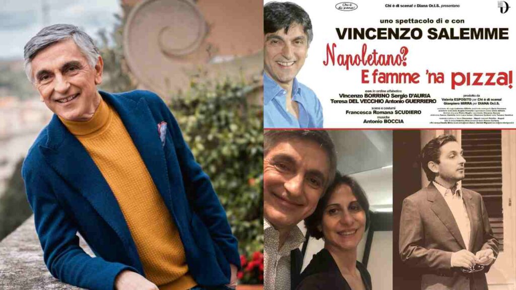 Un collage di foto di Vincenzo Salemme, un suo spettacolo e la sua compagna