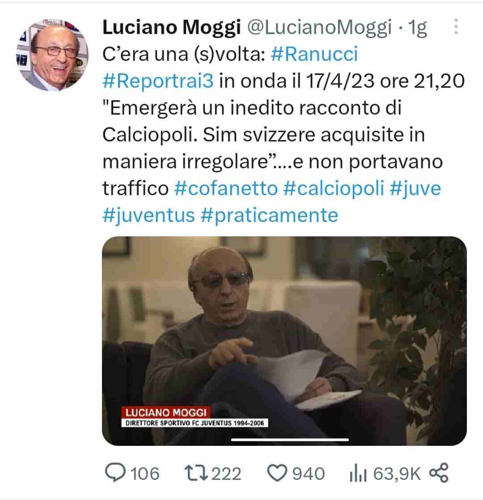 Il post su Twitter di Luciano Moggi, relativo alla puntata di Report