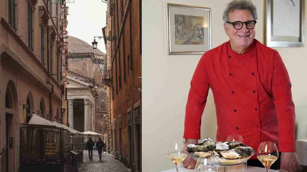 Un collage di foto con l'esterno del ristorante La Rosetta e il patronne Massimo Riccioli