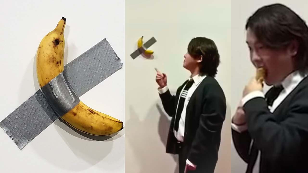 Un collage di foto della banana e del ragazzo che mangia l'opera di Cattelan