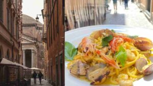 Un collage di foto dell'esterno del ristorante "La Rosetta" e un piatto di mare