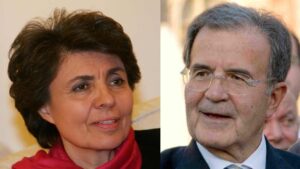 Un collage di foto di Flavia Franzoni e Romano Prodi