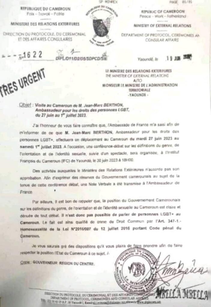 Nota del Ministero degli Affari Esteri del Camerun del 19-06-2023