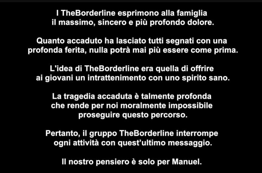 Il messaggio apparso sul canale youtube dei TheBorderline per la chiusura del canale