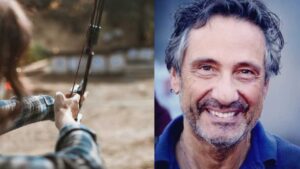 Un collage di foto di Mario Tozzi e un cacciatore con arco e frecce