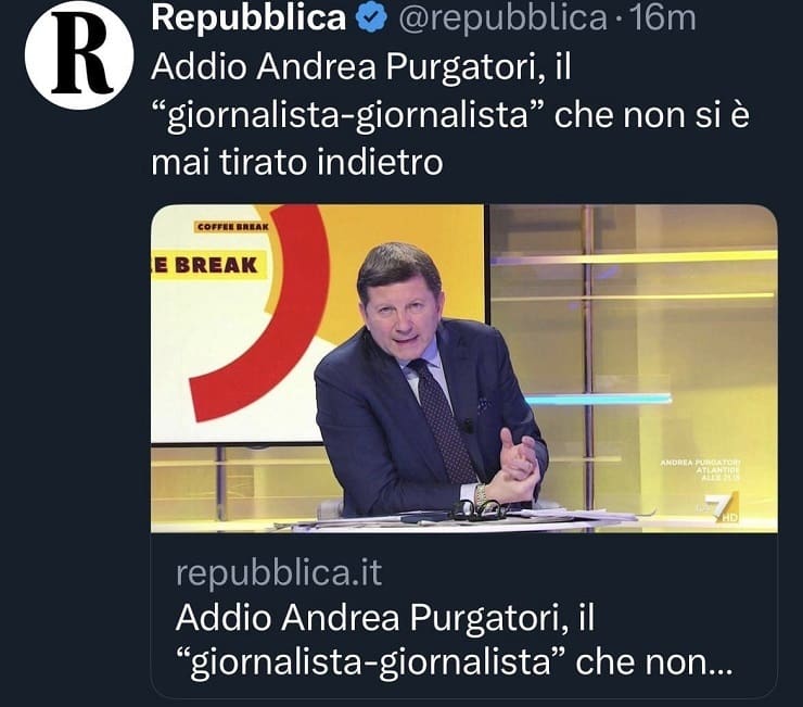 Screenshot de La Repubblica che mette la foto di Andrea Pancani al posto di quella di Andrea Purgatori