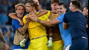 La Lazio esulta per il pareggio nella partita di calcio di Champions League contro l'Atletico Madrid