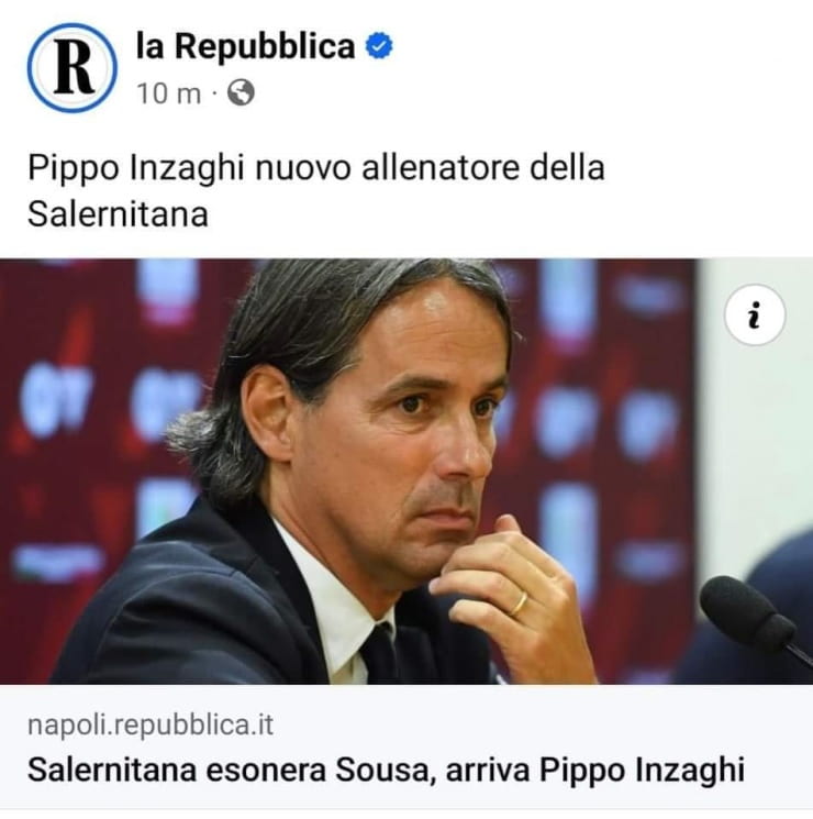 Screenshot de “La Repubblica” che mette la foto di Simone Inzaghi al posto di quella di Filippo Inzaghi