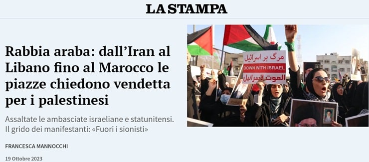 Screenshot del titolo de “La Stampa“ del 19 ottobre 2023. Bamba della settimana