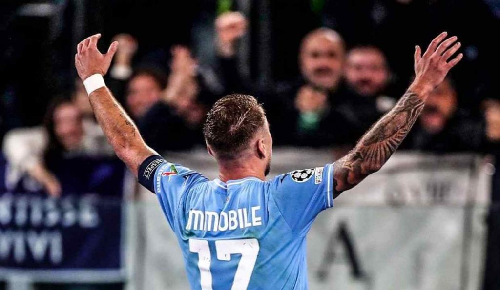 Ciro Immobile della Lazio esulta nella partita di calcio di Champions League contro il Celtic