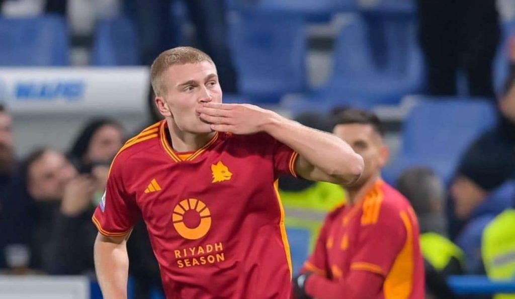 Giocatori della Roma nella partita di calcio di serie A tra Sassuolo e Roma