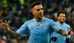 Vecino esulta dopo il gol laziale nella partita di calcio di serie A tra Udinese e Lazio