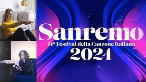 Un collage di foto con due donne che guardano la tv e il logo di Sanremo 2024
