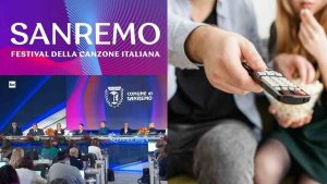 Un collage con il logo di Sanremo, la conferenza stampa della prima serata e una coppia che guarda la tv