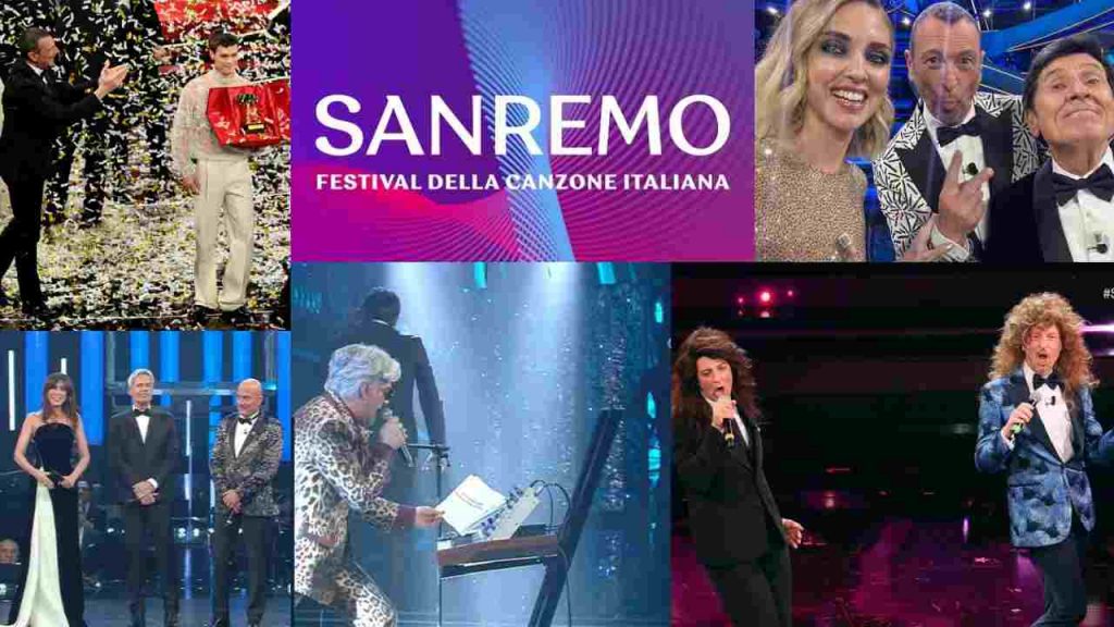 Un collage con alcune immagini delle ultime 5 edizioni del Festival di Sanremo