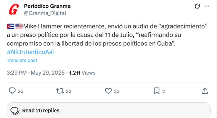 Screenshot del tweet di Periódico Granma