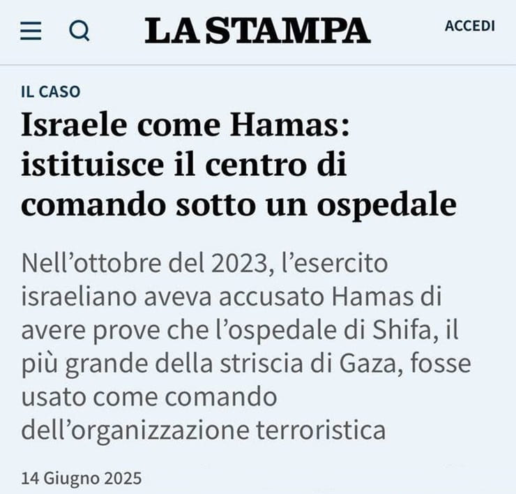 Screenshot del titolo de La Stampa del 14 giugno 2025
