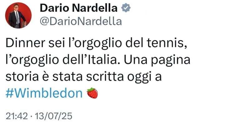 Screenshot del tweet di Dario Nardella del 13 luglio 2025. Bamba del mese