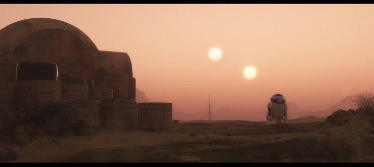 Alba con i due soli di Tatooine in Star Wars: Episodio VII - Il risveglio della forza