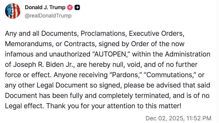 Screenshot del truth di Donald Trump del 2 dicembre 2025