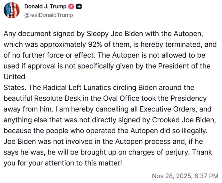 Screenshot del truth di Donald Trump del 28 novembre 2025