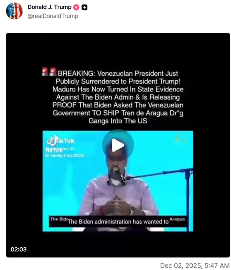 Screenshot del truth di Donald Trump su Nicolás Maduro del 2 dicembre 2025