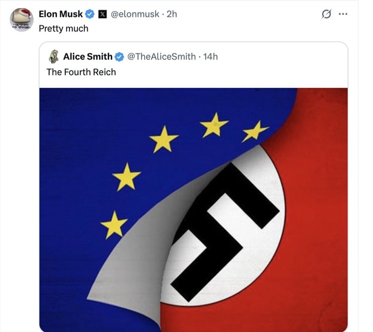 Screenshot della risposta di Elon Musk al post sulla Ue come Quarto Reich