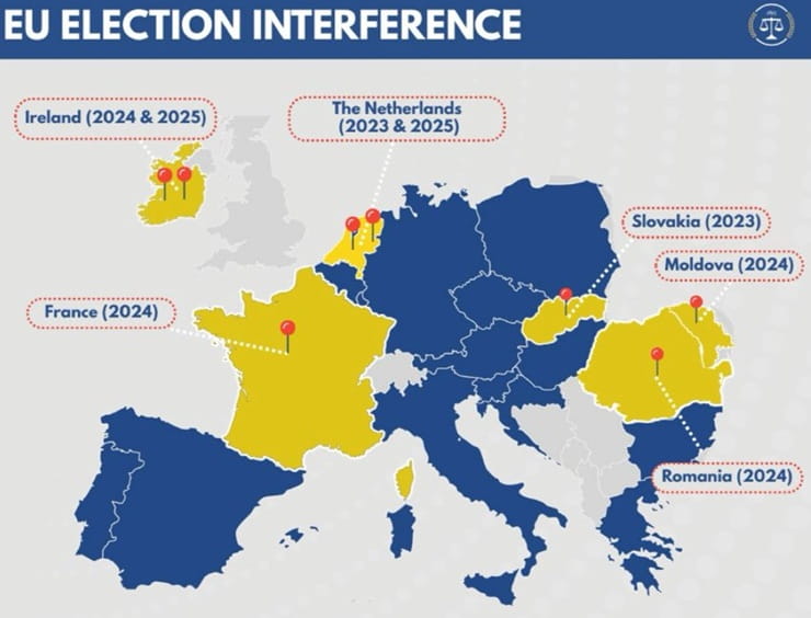 Interferenze della Ue nelle elezioni in Europa tra il 2023 e il 2025: nella mappa non sono indicate le Europee 2024