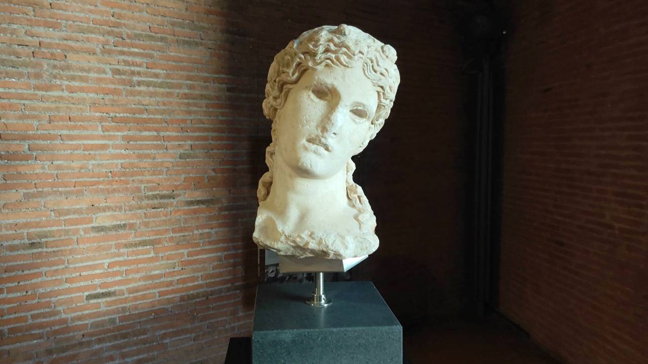 Testa marmorea di Dioniso, rinvenuta nel 2019, negli scavi di via Alessandrina, nell'area del Foro di Traiano esposta ai Mercati di Traiano